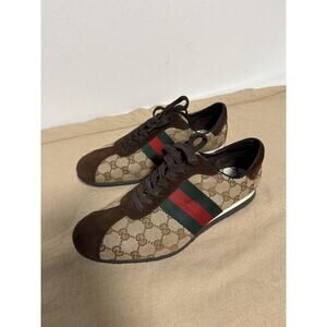 Gucci Shoes Mens Size 8.5 Brown GG Canvas Suede Web Stripe Made in Italy 117711